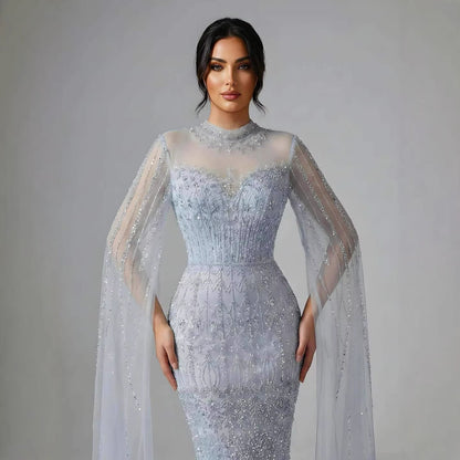 Luxury Arabic Blue Beaded Mermaid Evening Dress with Long Cape Sleeves LA72714AA