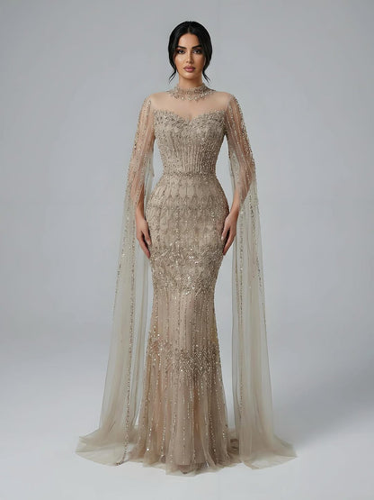 Luxury Arabic Blue Beaded Mermaid Evening Dress with Long Cape Sleeves LA72714AA