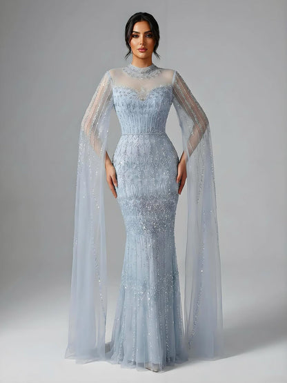 Luxury Arabic Blue Beaded Mermaid Evening Dress with Long Cape Sleeves LA72714AA