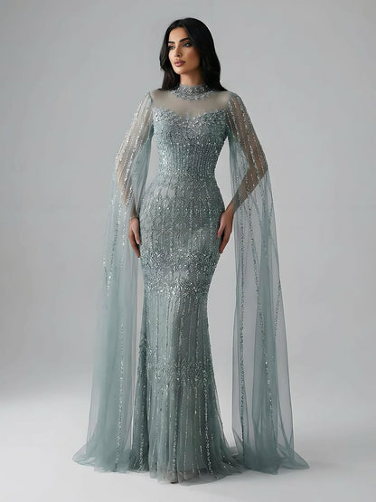 Luxury Arabic Blue Beaded Mermaid Evening Dress with Long Cape Sleeves LA72714AA