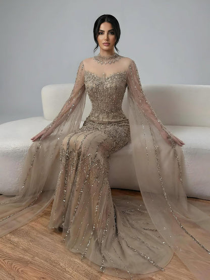 Luxury Arabic Blue Beaded Mermaid Evening Dress with Long Cape Sleeves LA72714AA