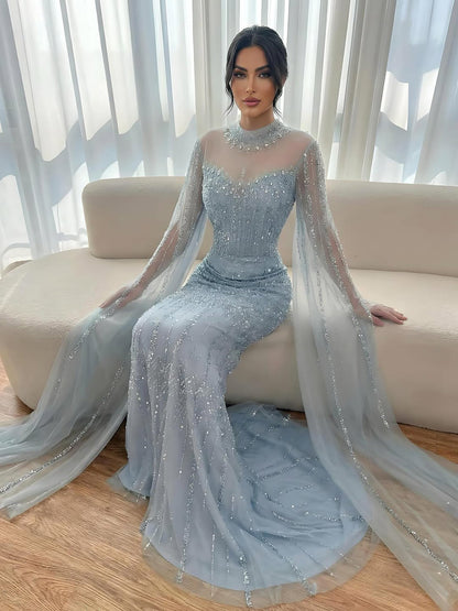 Luxury Arabic Blue Beaded Mermaid Evening Dress with Long Cape Sleeves LA72714AA