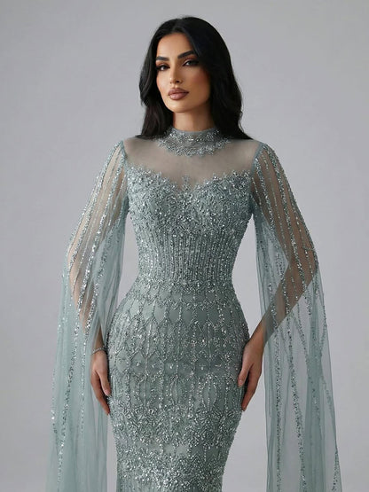 Luxury Arabic Blue Beaded Mermaid Evening Dress with Long Cape Sleeves LA72714AA