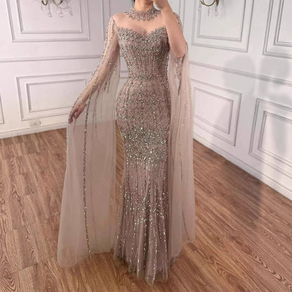 Luxury Arabic Blue Beaded Mermaid Evening Dress with Long Cape Sleeves LA72714AA