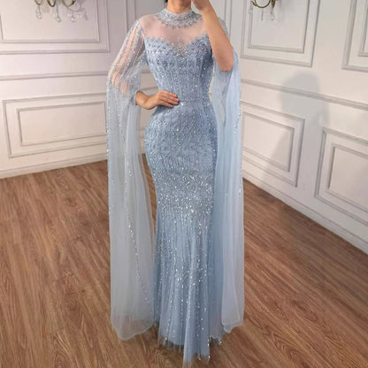 Luxury Arabic Blue Beaded Mermaid Evening Dress with Long Cape Sleeves LA72714AA
