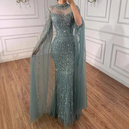 Luxury Arabic Blue Beaded Mermaid Evening Dress with Long Cape Sleeves LA72714AA