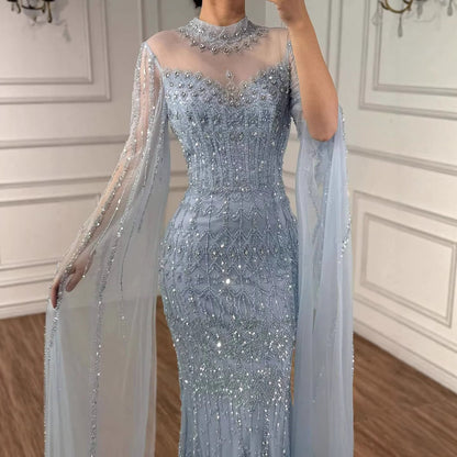 Luxury Arabic Blue Beaded Mermaid Evening Dress with Long Cape Sleeves LA72714AA