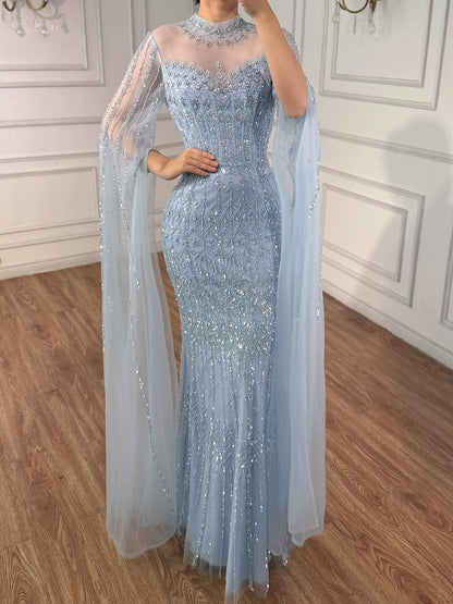 Luxury Arabic Blue Beaded Mermaid Evening Dress with Long Cape Sleeves LA72714AA