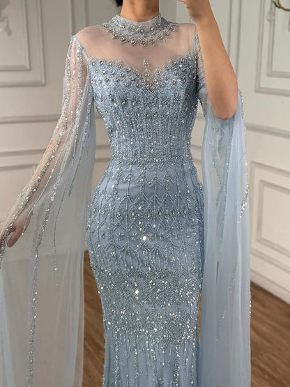 Luxury Arabic Blue Beaded Mermaid Evening Dress with Long Cape Sleeves LA72714AA