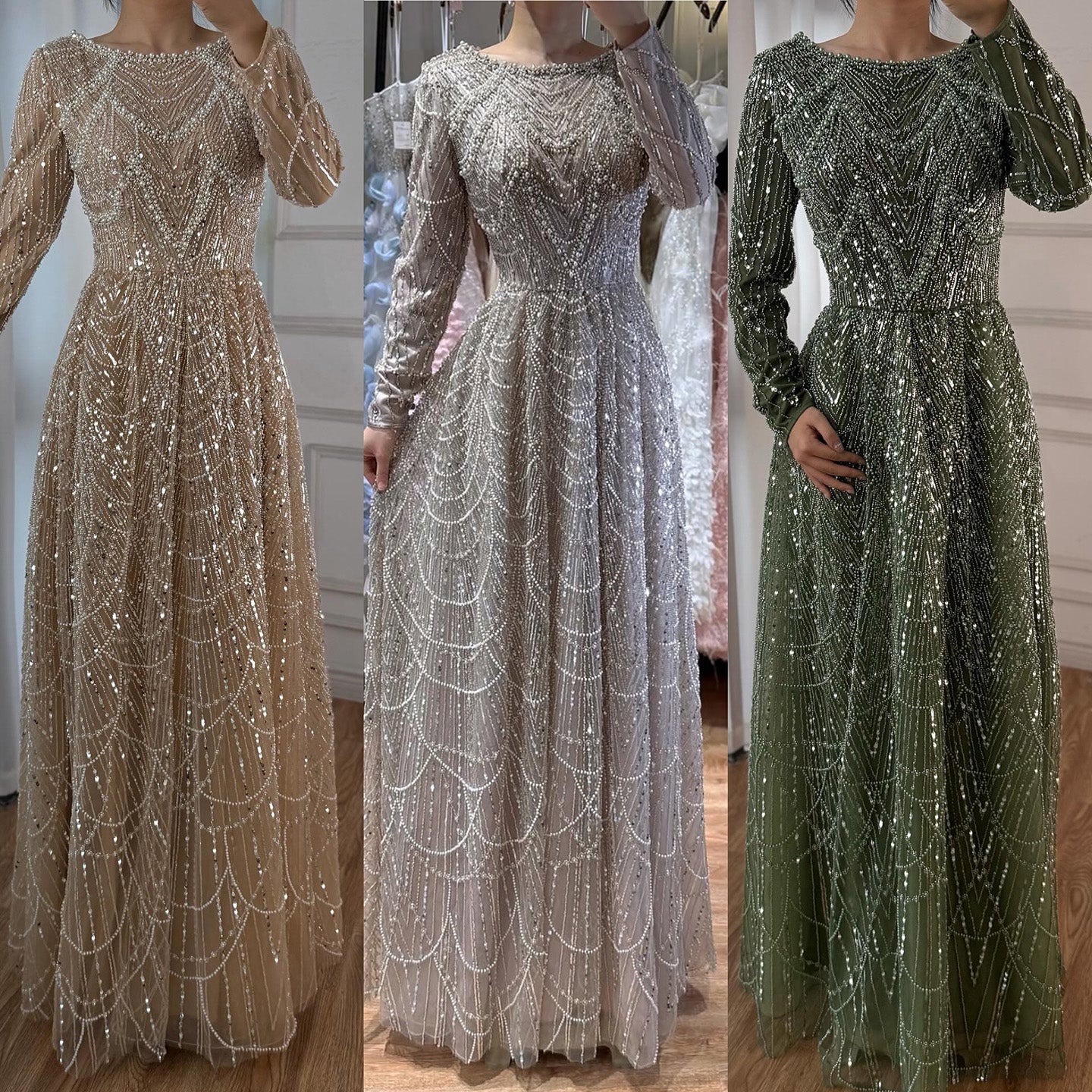 Luxury Olive Green Beaded A-Line Modest Evening Dress Plus Size LA72738B