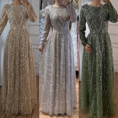 Luxury Olive Green Beaded A-Line Modest Evening Dress Plus Size LA72738B