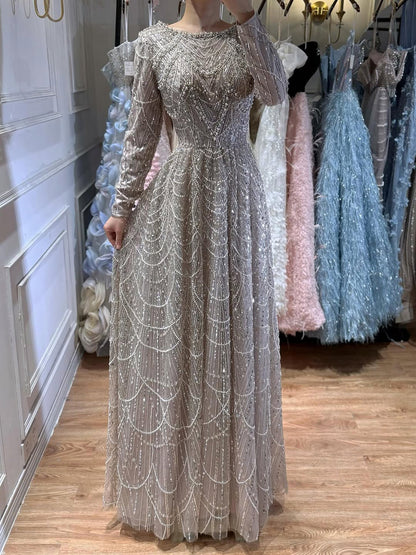 Luxury Olive Green Beaded A-Line Modest Evening Dress Plus Size LA72738B