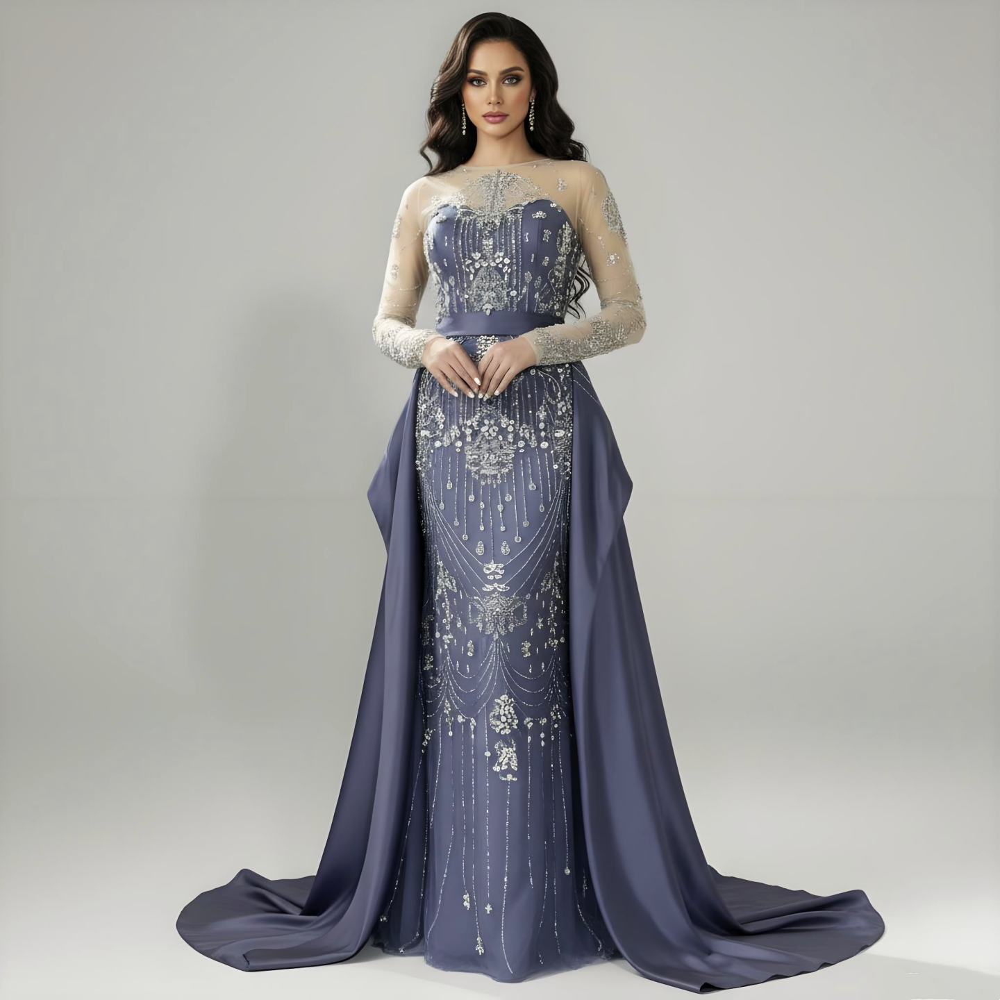 Luxury Dubai Blue Crystal Beaded Evening Dress with Overskirt LA72757
