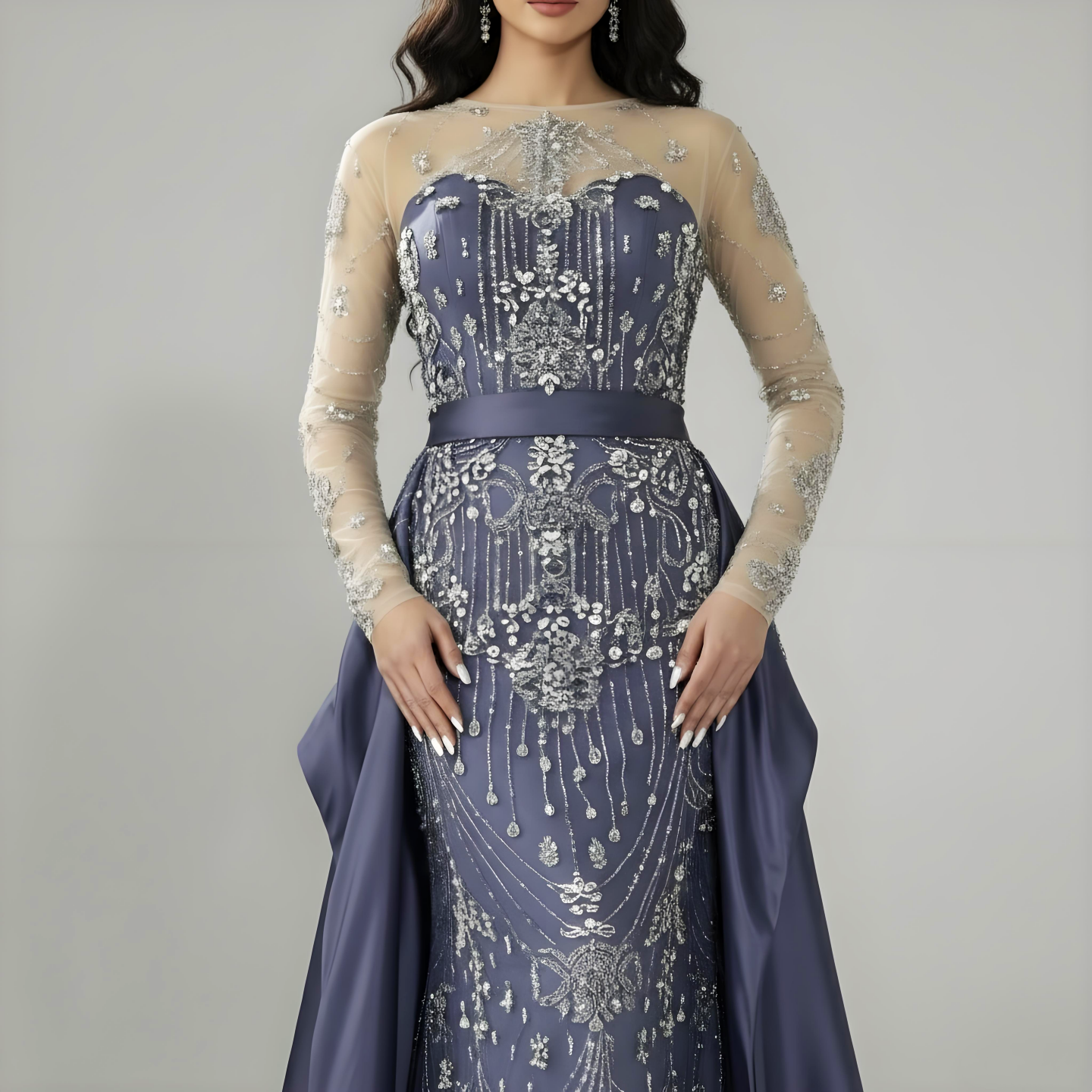 Luxury Dubai Blue Crystal Beaded Evening Dress with Overskirt LA72757