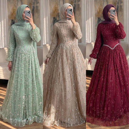 Luxury Sage Green Muslim Long Sleeve A-Line Evening Dress LA72805E