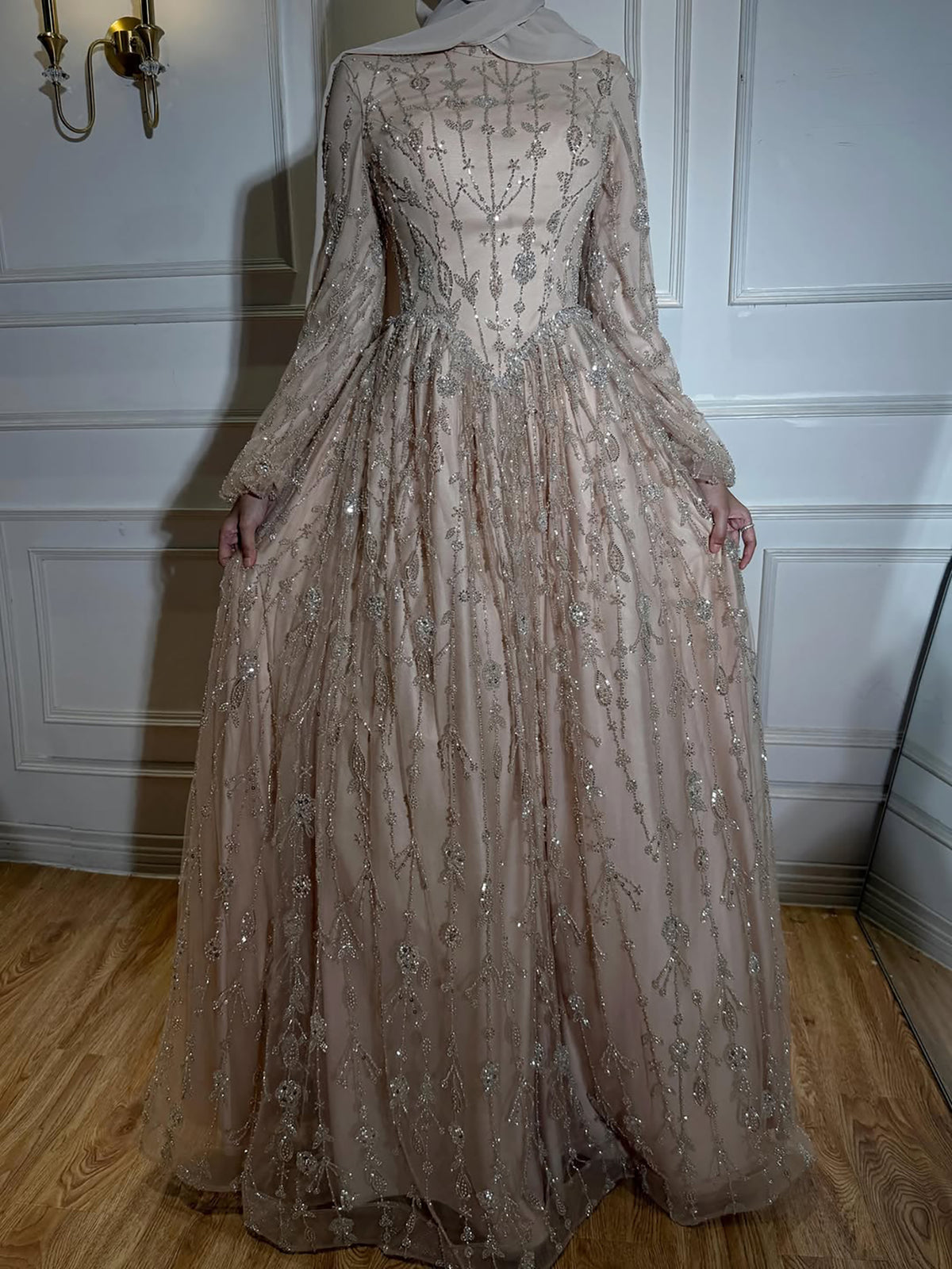 Luxury Sage Green Muslim Long Sleeve A-Line Evening Dress LA72805E