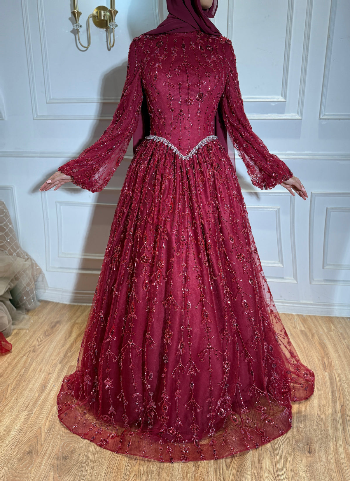 Luxury Sage Green Muslim Long Sleeve A-Line Evening Dress LA72805E