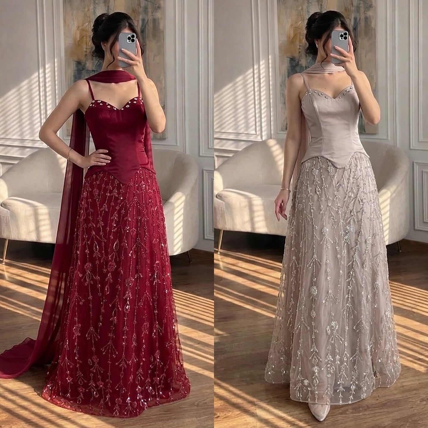 Luxury Nude Beaded Spaghetti Strap A Line Evening Dress LA72805F