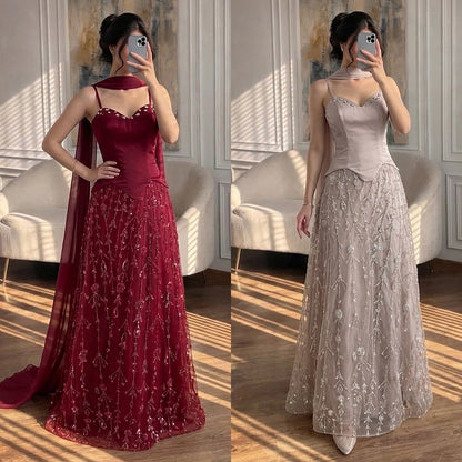 Luxury Nude Beaded Spaghetti Strap A Line Evening Dress LA72805F
