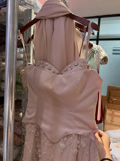 Luxury Nude Beaded Spaghetti Strap A Line Evening Dress LA72805F