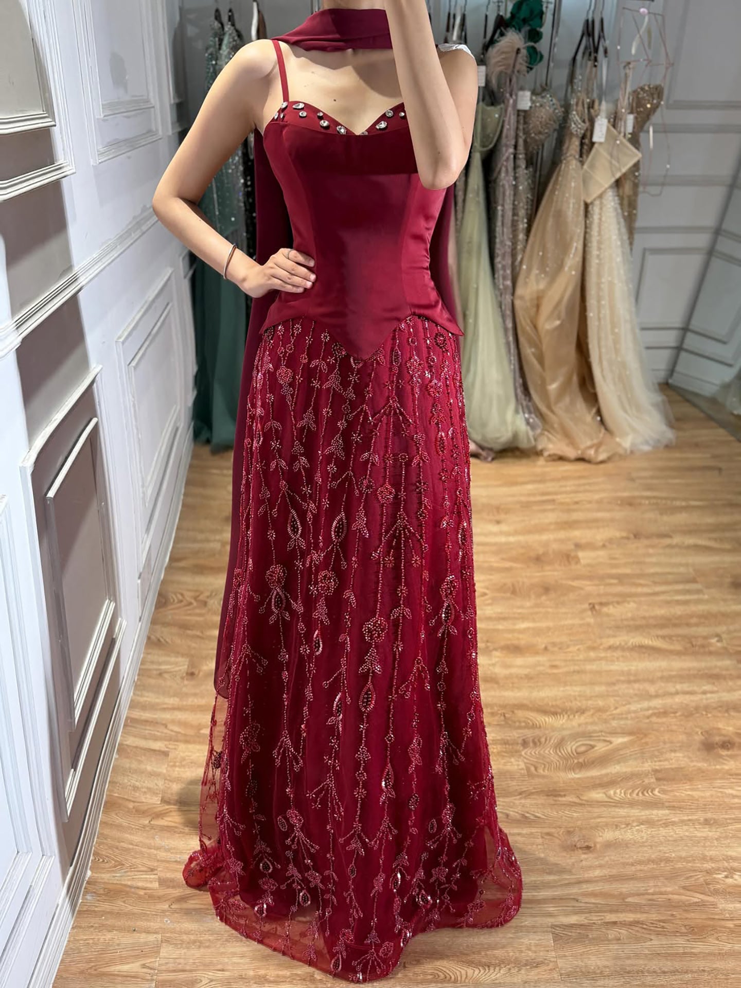 Luxury Nude Beaded Spaghetti Strap A Line Evening Dress LA72805F