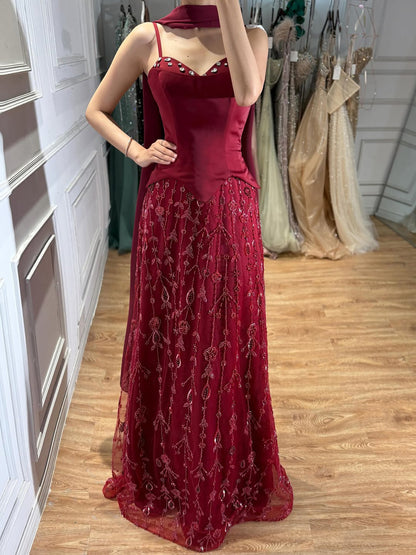 Luxury Nude Beaded Spaghetti Strap A Line Evening Dress LA72805F
