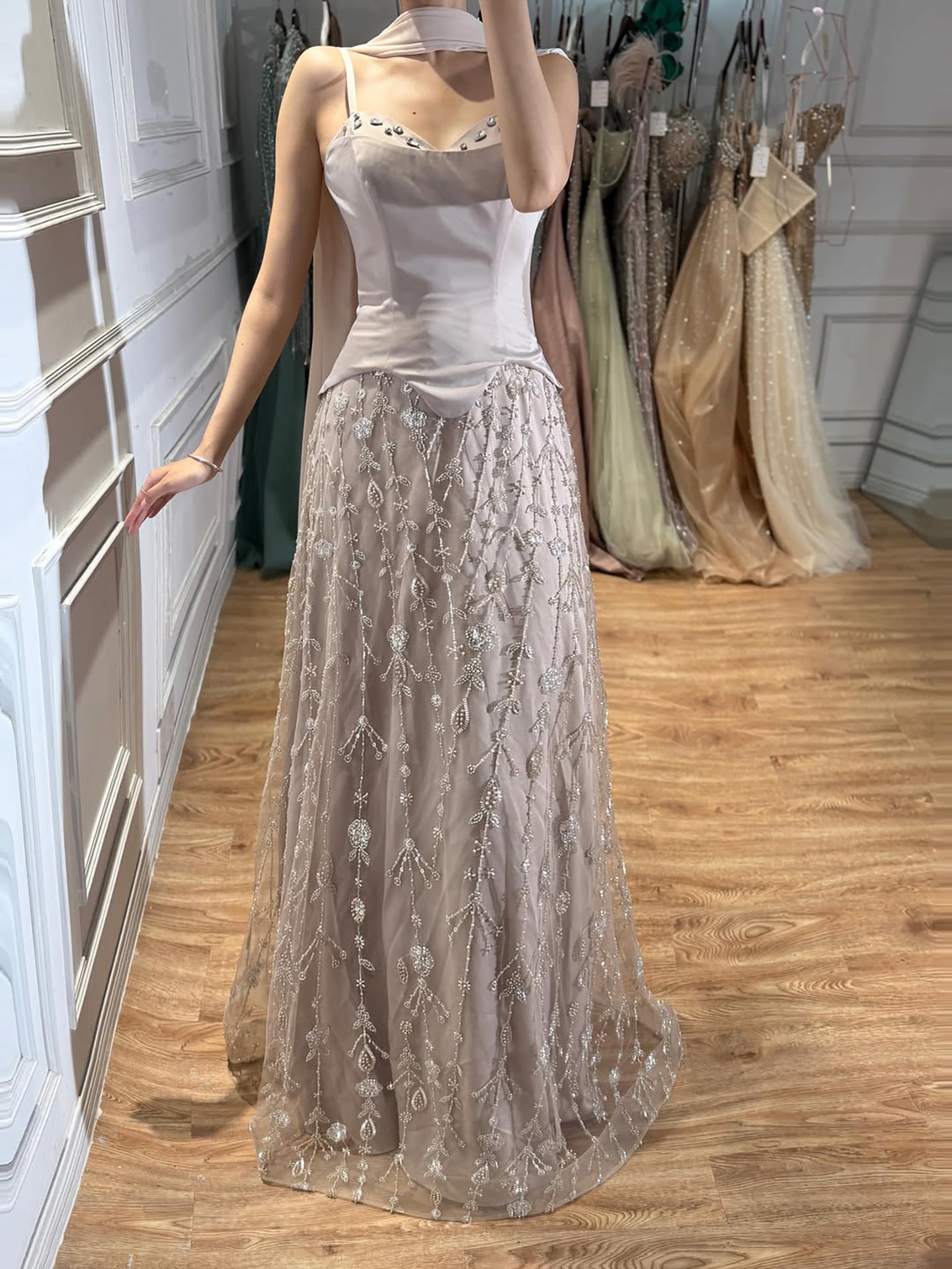 Luxury Nude Beaded Spaghetti Strap A Line Evening Dress LA72805F