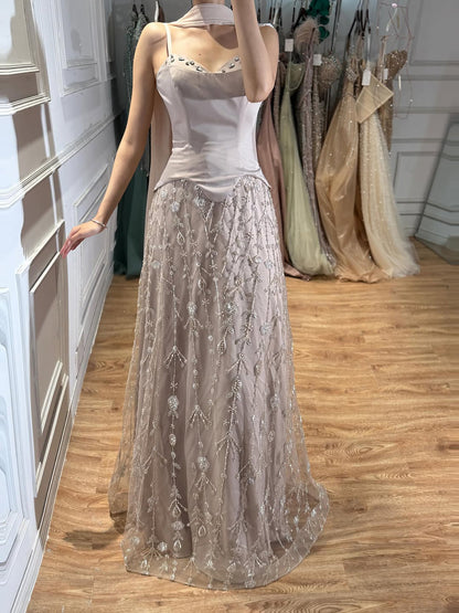 Luxury Nude Beaded Spaghetti Strap A Line Evening Dress LA72805F