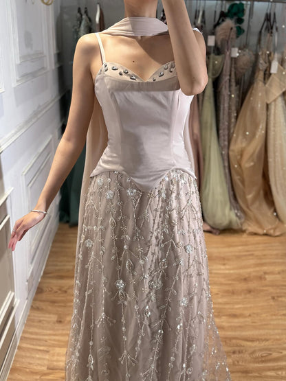 Luxury Nude Beaded Spaghetti Strap A Line Evening Dress LA72805F