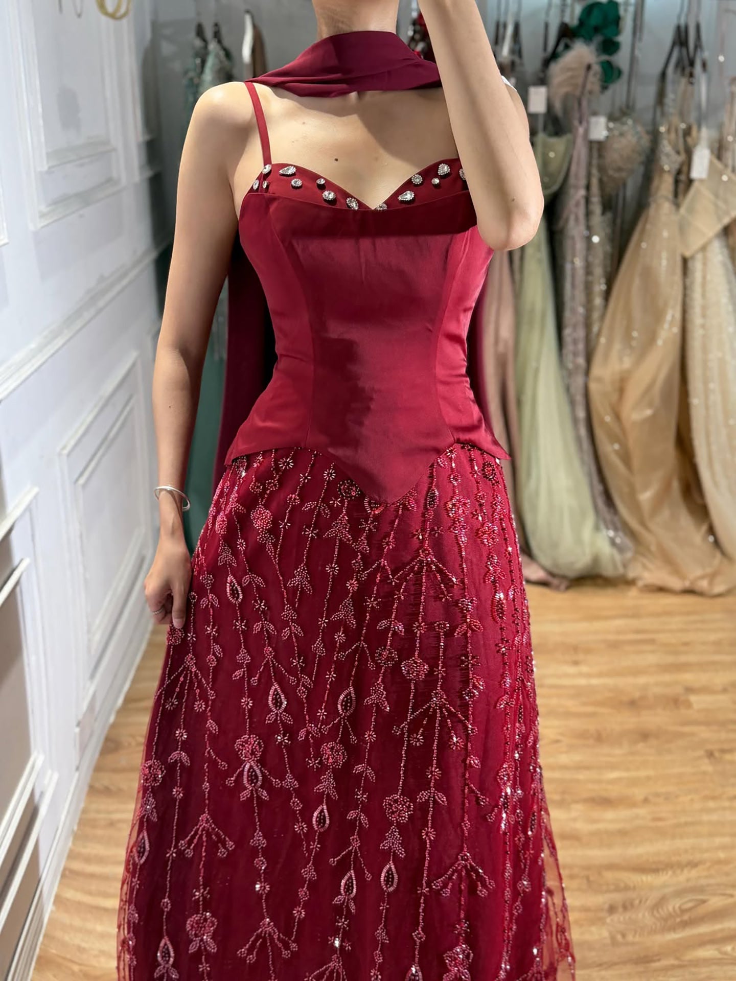 Luxury Nude Beaded Spaghetti Strap A Line Evening Dress LA72805F