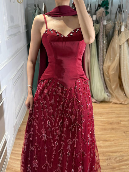 Luxury Nude Beaded Spaghetti Strap A Line Evening Dress LA72805F