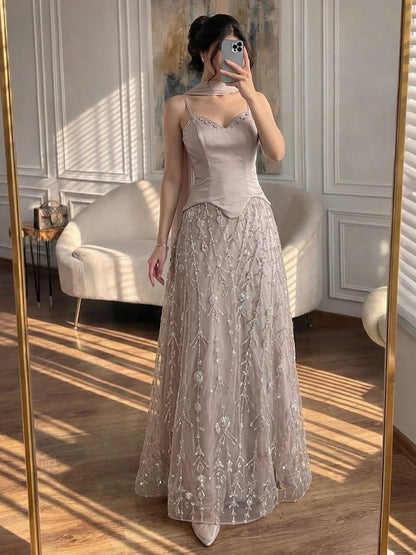 Luxury Nude Beaded Spaghetti Strap A Line Evening Dress LA72805F