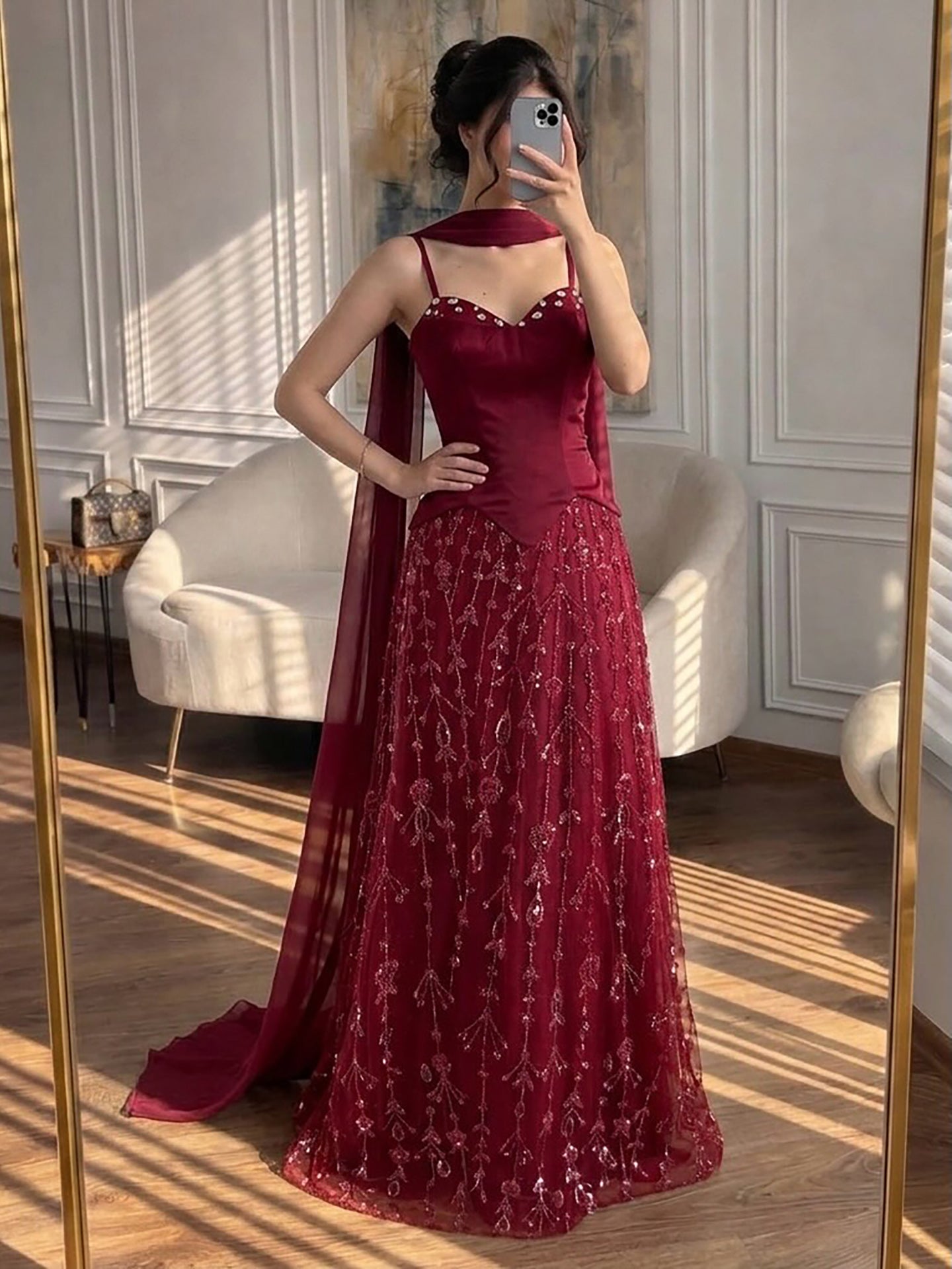 Luxury Nude Beaded Spaghetti Strap A Line Evening Dress LA72805F