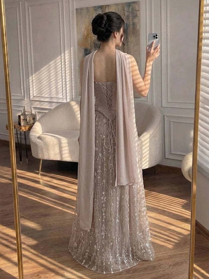 Luxury Nude Beaded Spaghetti Strap A Line Evening Dress LA72805F