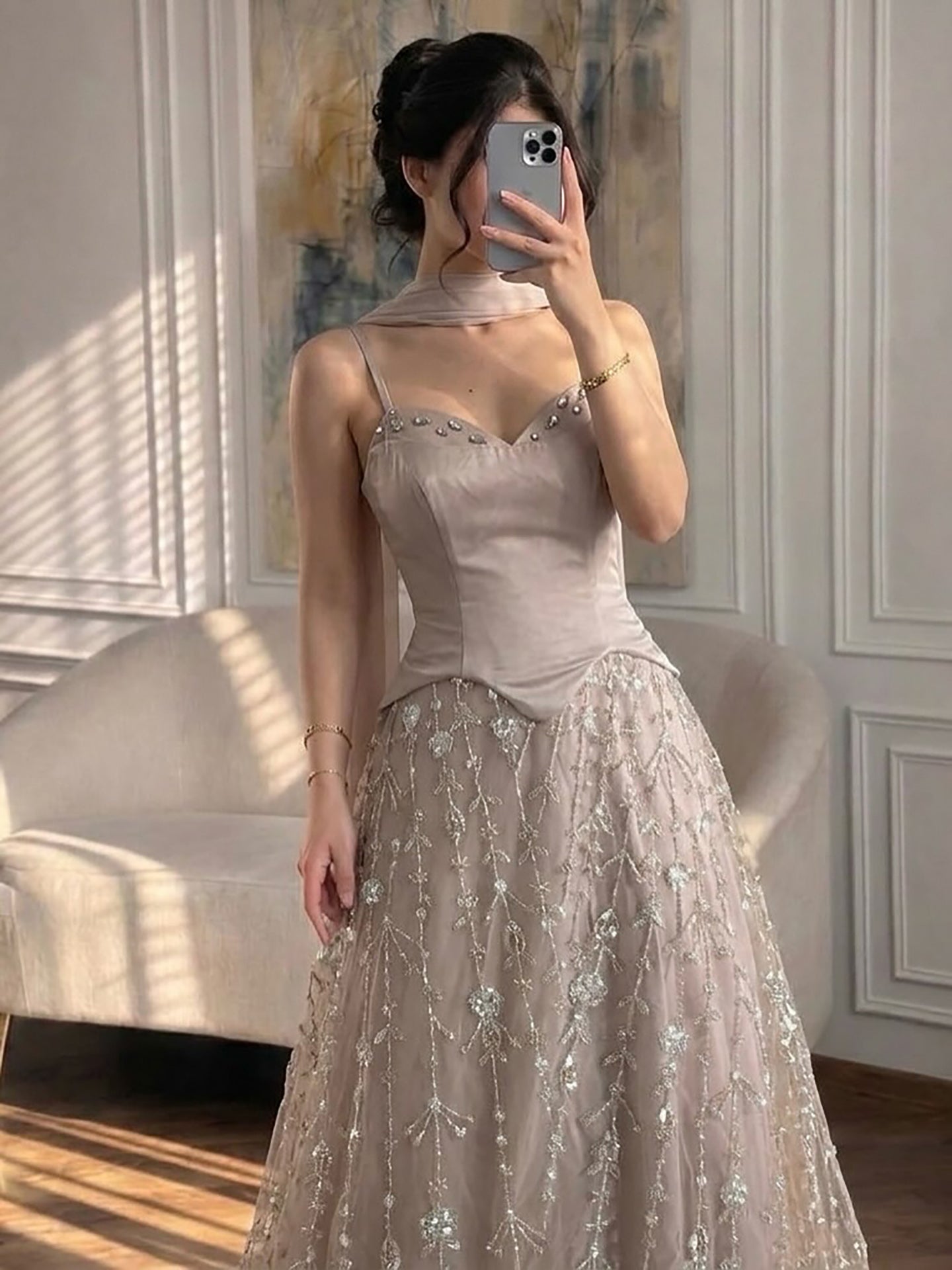 Luxury Nude Beaded Spaghetti Strap A Line Evening Dress LA72805F