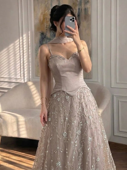 Luxury Nude Beaded Spaghetti Strap A Line Evening Dress LA72805F