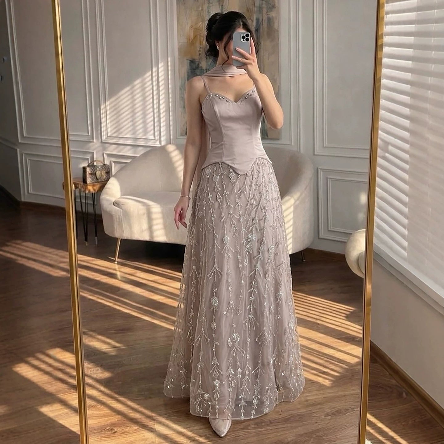 Luxury Nude Beaded Spaghetti Strap A Line Evening Dress LA72805F
