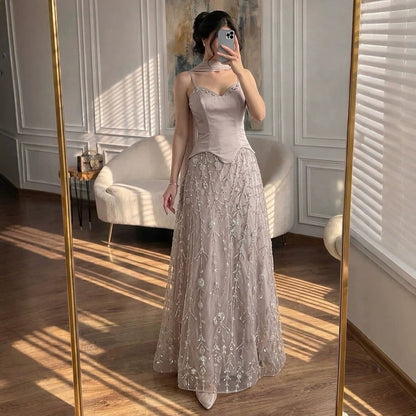Luxury Nude Beaded Spaghetti Strap A Line Evening Dress LA72805F