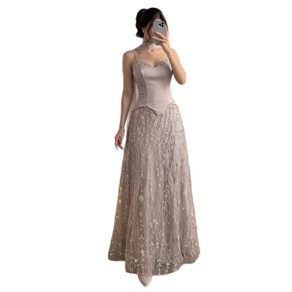 Luxury Nude Beaded Spaghetti Strap A Line Evening Dress LA72805F