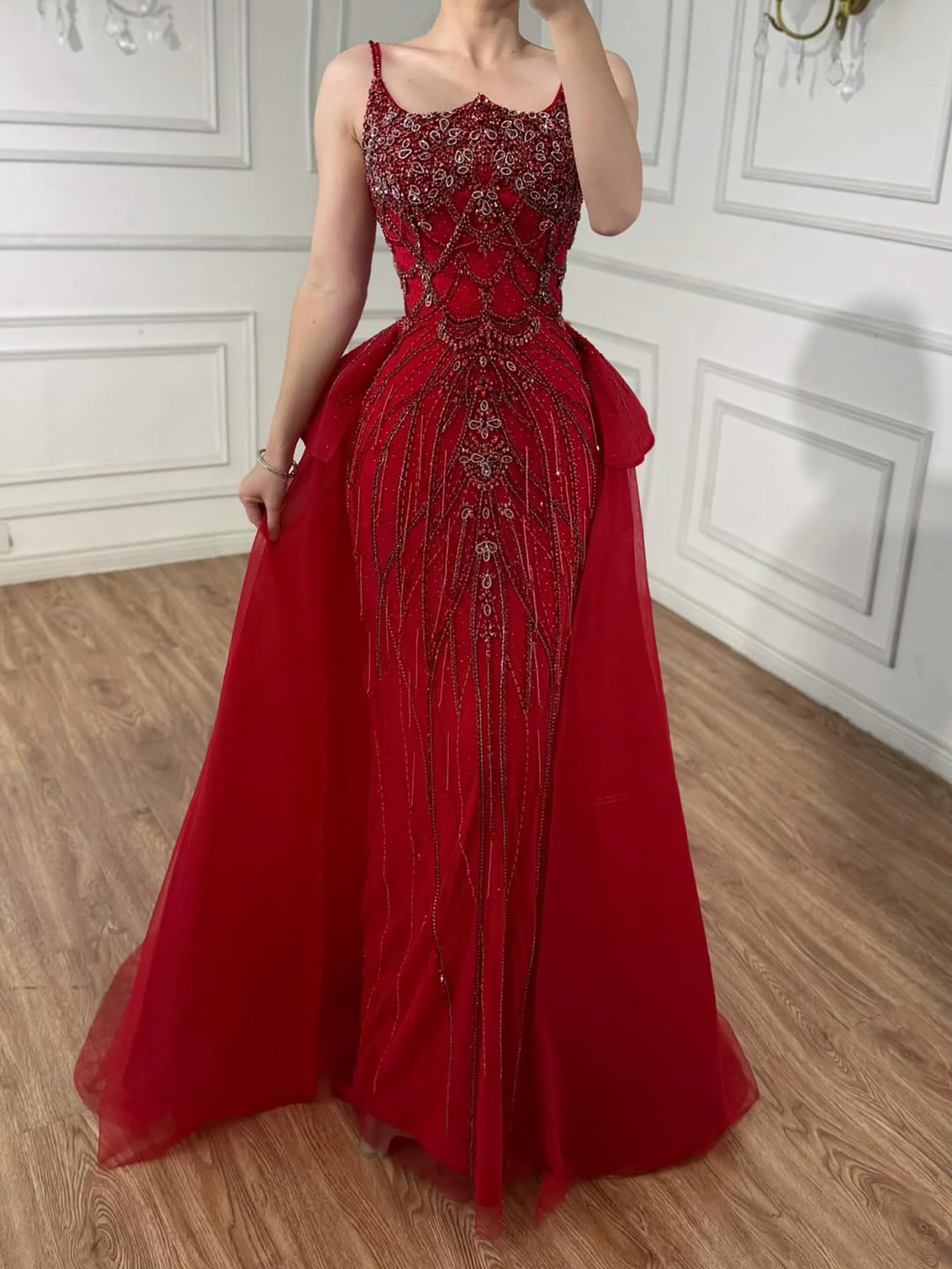 Luxury Dubai Nude Saudi Beaded Spaghetti Strap Evening Dress with Overskirt LA72810