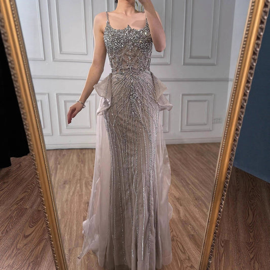 Luxury Caramel Crystal Beaded Spaghetti Strap Mermaid Evening Dress LA72810A