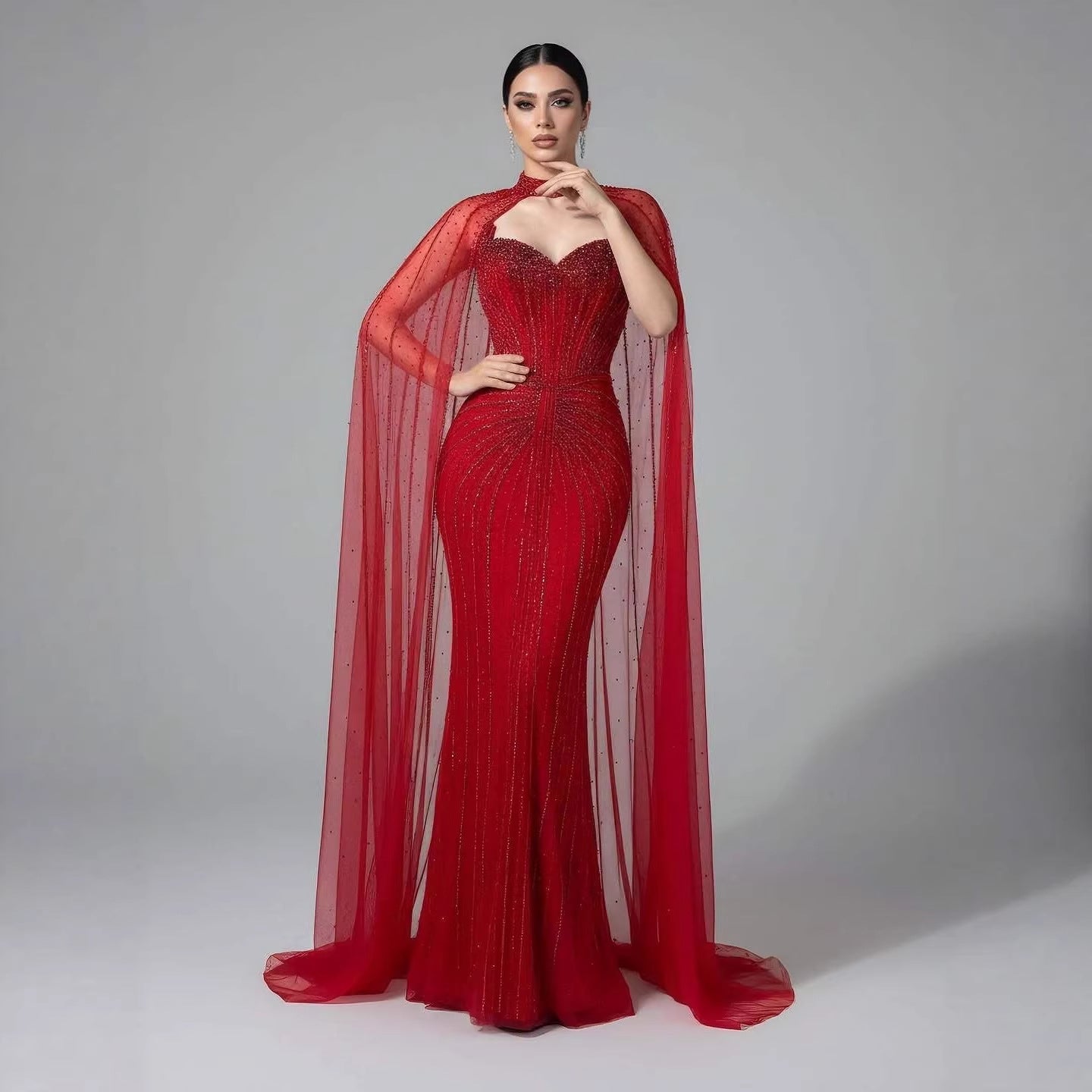 Luxury Dubai Caramel Beaded Evening Dress With Cape LA72811C