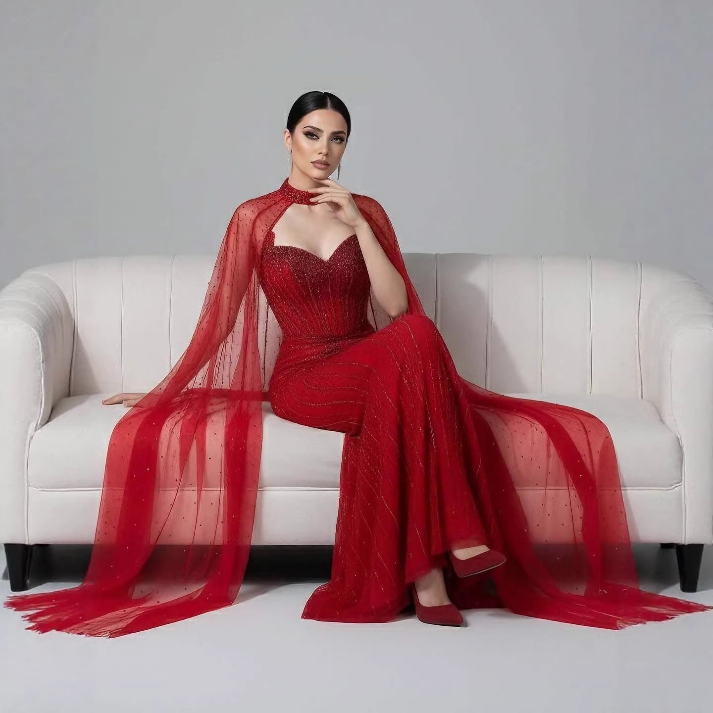 Luxury Dubai Caramel Beaded Evening Dress With Cape LA72811C