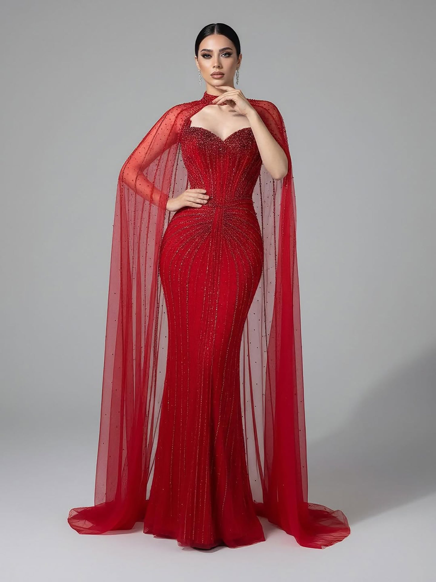 Luxury Dubai Caramel Beaded Evening Dress With Cape LA72811C