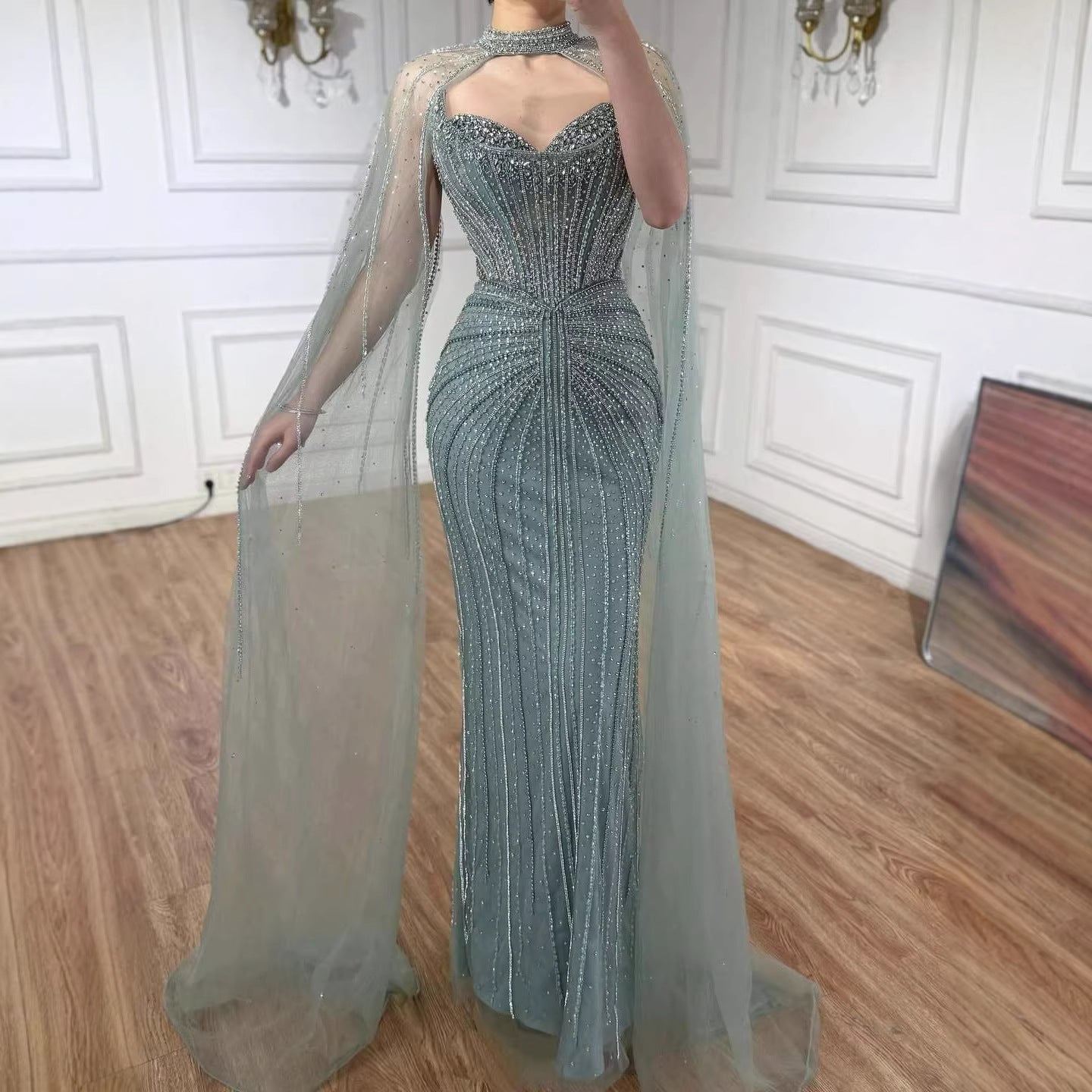 Luxury Dubai Caramel Beaded Evening Dress With Cape LA72811C