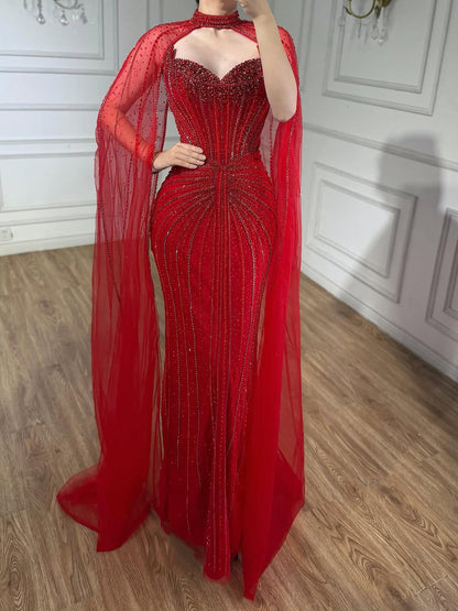 Luxury Dubai Caramel Beaded Evening Dress With Cape LA72811C