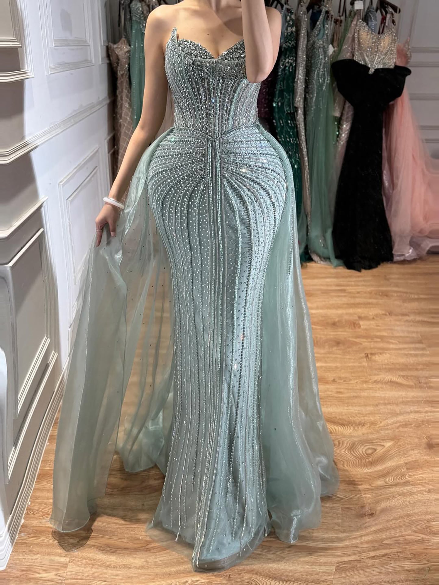 Luxury Caramel Crystal Beaded Mermaid Evening Dress With Overskirt LA72811D