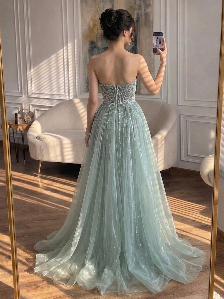 Luxury Caramel Crystal Beaded Mermaid Evening Dress With Overskirt LA72811D