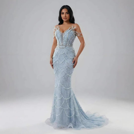 Luxury Nude Saudi Pearls Mermaid Evening Dresses Gowns for Formal Occasion LA72816