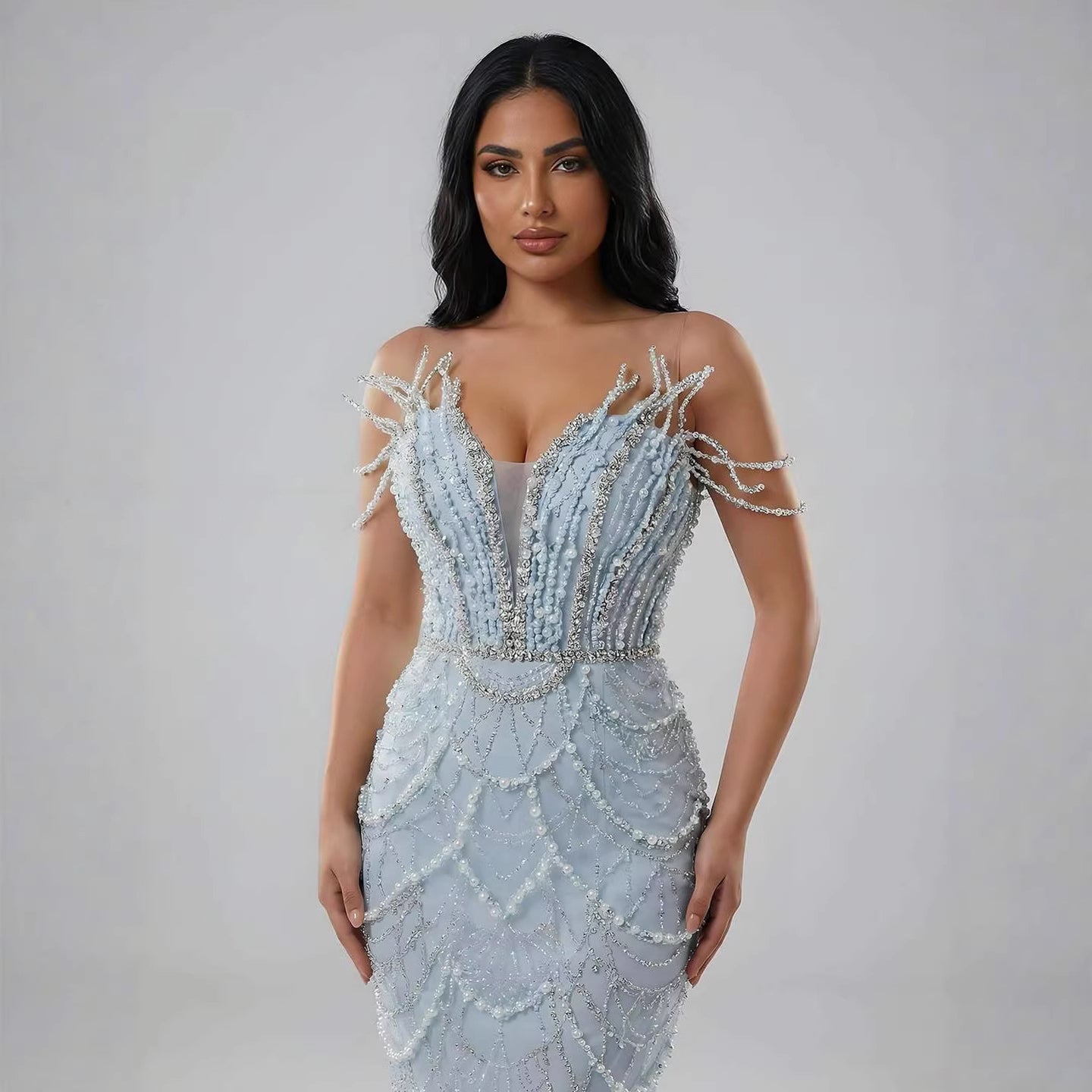 Luxury Nude Saudi Pearls Mermaid Evening Dresses Gowns for Formal Occasion LA72816
